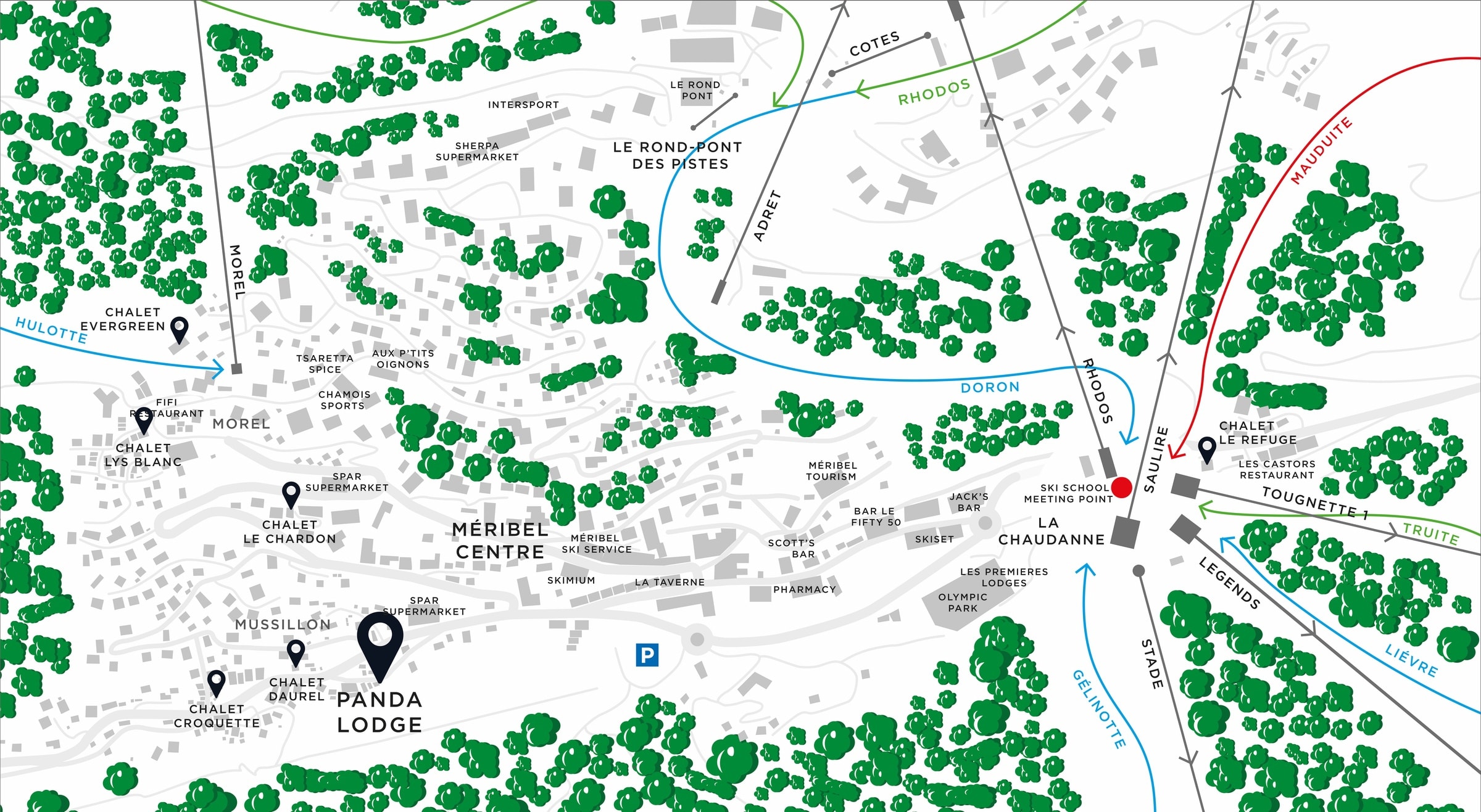 Map of Méribel with Panda Lodge marked