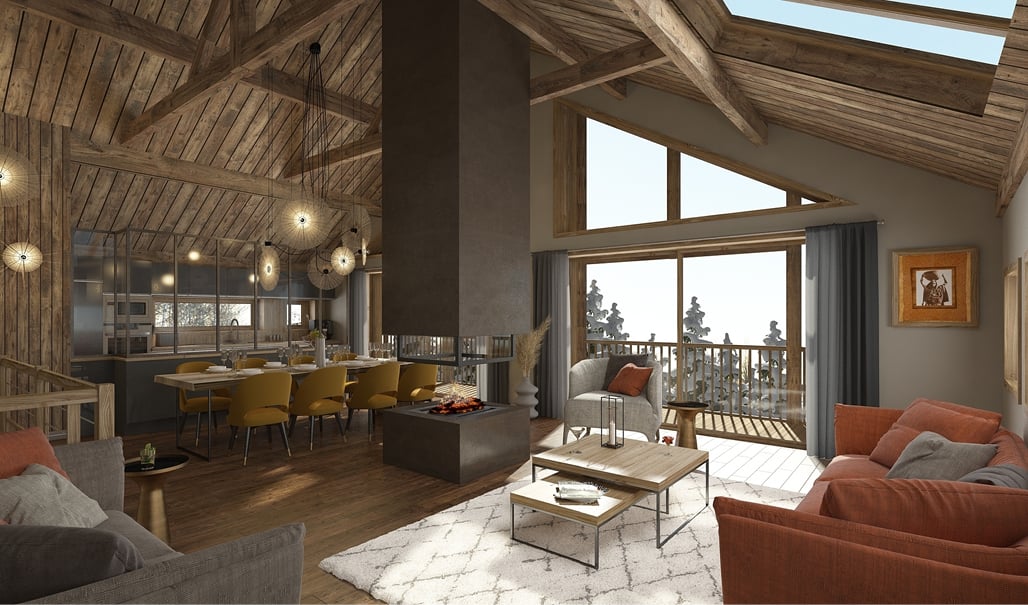 Panda Lodge open-plan lounge and kitchen with a central fireplace