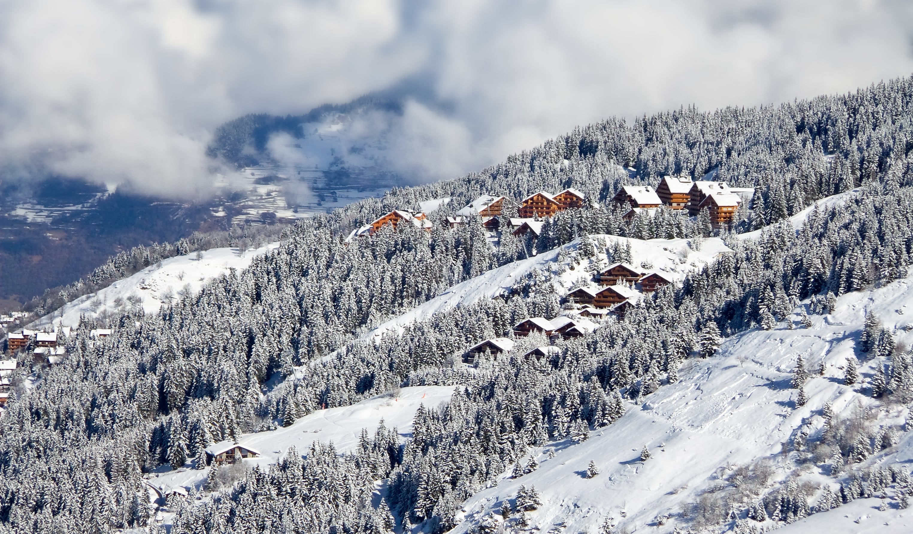 Snow-covered chalets on a wooded mountainside in the Alps